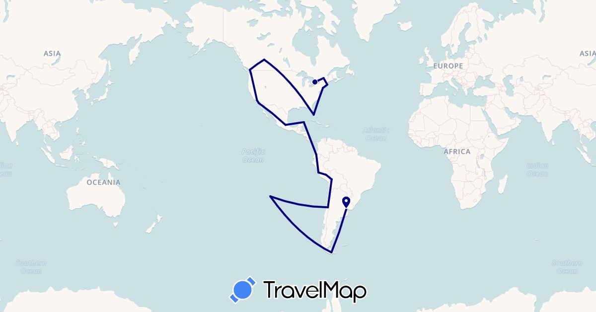 TravelMap itinerary: driving in Argentina, Bolivia, Canada, Chile, Ecuador, Mexico, Peru, United States (North America, South America)